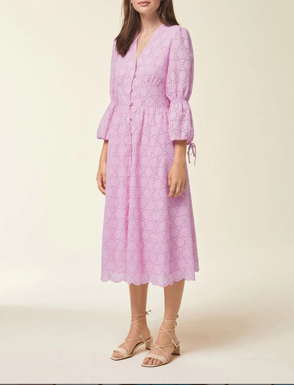Ivy & Oak Pastel Pink Broderie Anglaise Eyelet Scallop Bell Sleeve Midi Dress 36